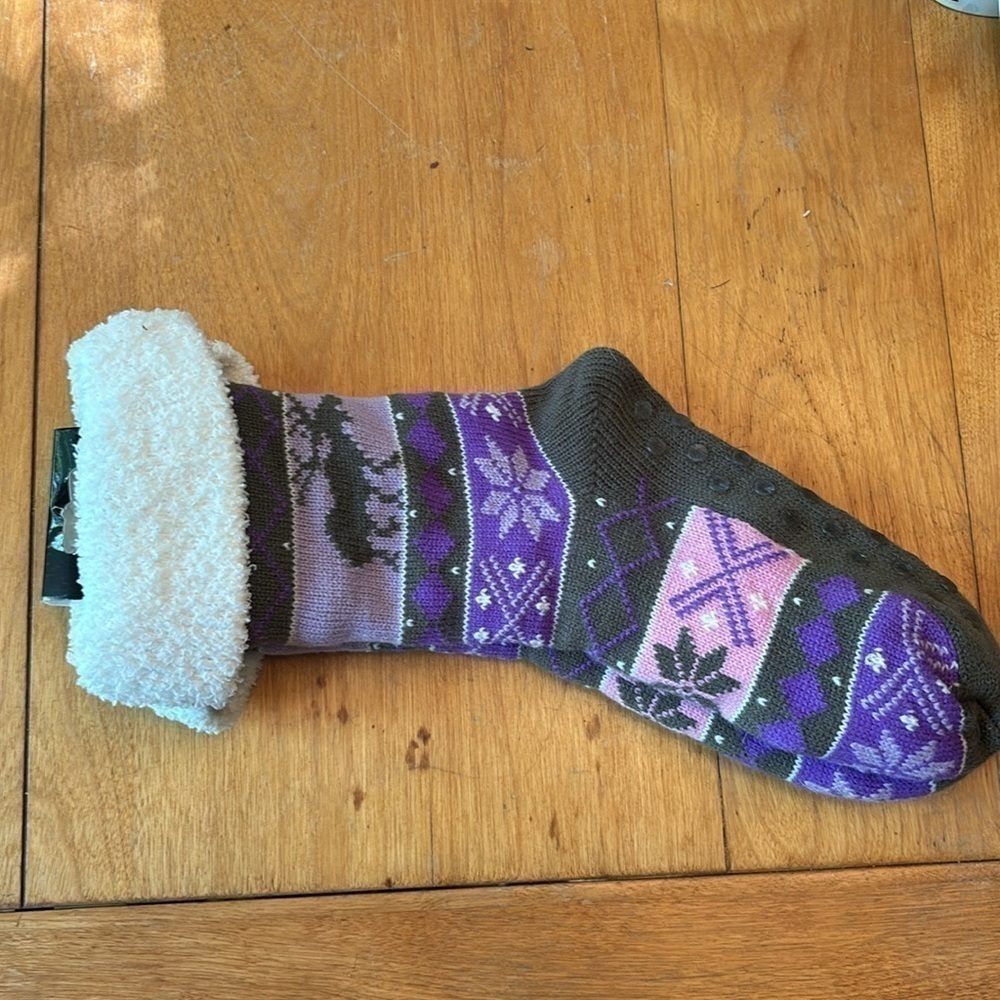 Swedish Sherpa Slipper Socks Non Slip Gripper Cozy Fair Isle Purple Gray 6-9 - Picture 2 of 5